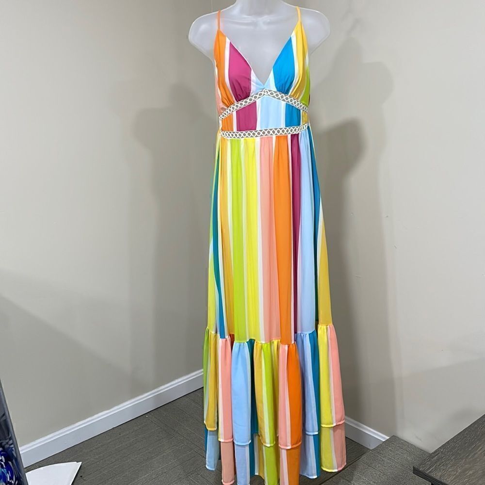 NWT Aura fluorescent striped halter dress. Size S small 4/6